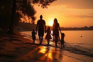 contento famiglia a piedi a il spiaggia a tramonto foto