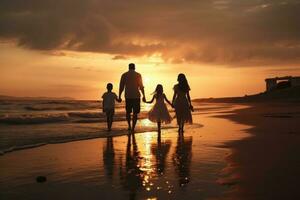 contento famiglia a piedi a il spiaggia a tramonto foto