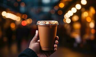 mano Tenere carta caffè tazza generato di ai foto