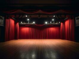 Teatro palcoscenico con rosso tenda, illuminazione, di legno pavimento, folle dettaglio, liscio illuminazione ai generativo foto