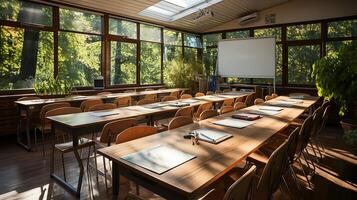 scuola classe nel luce del giorno. pulito interno con lavagna, cassetto, sedie e tavoli ai generativo foto