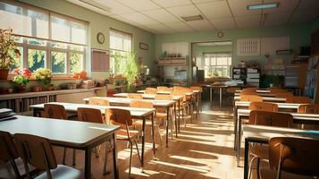 scuola classe nel luce del giorno. pulito interno con lavagna, cassetto, sedie e tavoli ai generativo foto