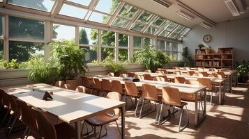 scuola classe nel luce del giorno. pulito interno con lavagna, cassetto, sedie e tavoli ai generativo foto