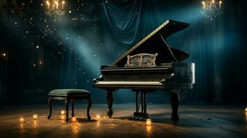 un vecchio mille dollari pianoforte nel il mezzo di buio vuoto camera con Dio raggi leggero esso su ai creare foto