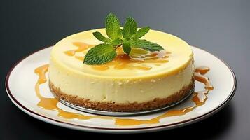 torta di formaggio piatto con bianca piatto nel bianca sfondo ai creare foto