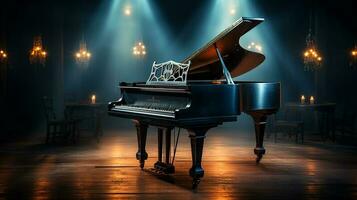 un vecchio mille dollari pianoforte nel il mezzo di buio vuoto camera con Dio raggi leggero esso su ai creare foto