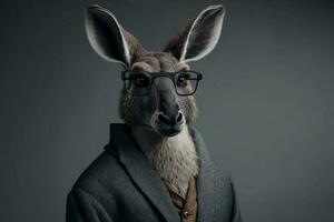 ritratto di un' asino con bicchieri e un' formale completo da uomo. generativo ai. foto