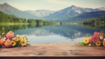 vuoto di legno tavolo decorato con colorato fiori, sfocato laguna e montagna Visualizza, sfondo, ai generativo. foto