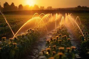 acqua getti acqua giovane spara su il campo a tramonto con bellissimo bagliore irrigazione. generativo ai foto