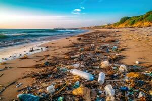 rovesciato spazzatura su spiaggia. ambientale inquinamento. ecologico problema. generativo ai foto