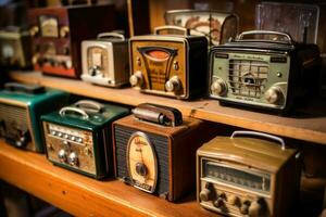 un' varietà di Vintage ▾ tavolo superiore retrò radio. generativo ai foto