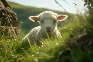 agnello pascolo su verde erba prato. generativo ai foto