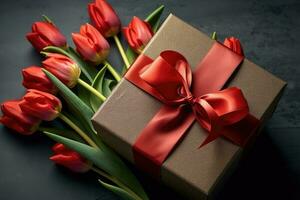 regalo con arco e tulipani. generativo ai foto