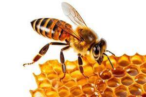 avvicinamento ape su miele pettine con Miele, isolato su trasparente sfondo ritagliare. generativo ai foto