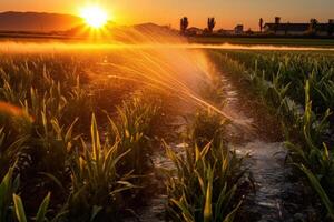 acqua getti acqua giovane spara su il campo a tramonto con bellissimo bagliore irrigazione. generativo ai foto