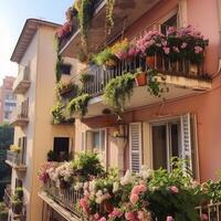 bellissimo balcone con molte di fioritura impianti. generativo ai foto