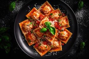 ravioli con pomodoro salsa e basilico. generativo ai foto