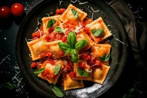 ravioli con pomodoro salsa e basilico. generativo ai foto