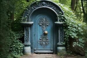 blu fantasia antico porta nel il parco. generativo ai foto