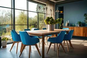 interno design di moderno cenare camera, di legno tavolo e blu sedie. generativo ai foto