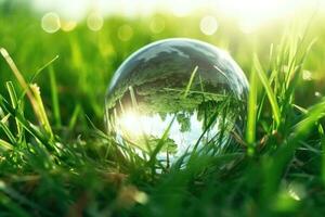 bicchiere globo nel verde erba a soleggiato sfondo. concetto di il ambiente mondo terra giorno. generativo ai foto