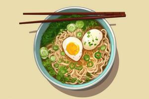 ramen nel un' ciotola superiore Visualizza. ramen la minestra con uovo e verde cipolle. generativo ai foto