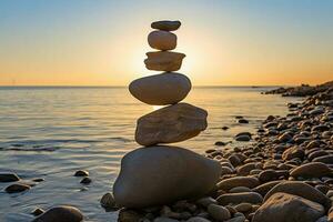 equilibrato roccia piramide su mare ciottoli spiaggia, soleggiato giorno. generativo ai foto