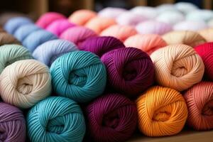 di lana filato nel palle, diverso colori. generativo ai foto