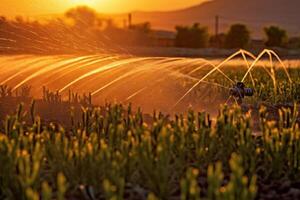 acqua getti acqua giovane spara su il campo a tramonto con bellissimo bagliore irrigazione. generativo ai foto