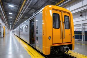 Visualizza su carro di il alto velocità treno con giallo porta chiuso nel il rotaia stazione. generativo ai foto