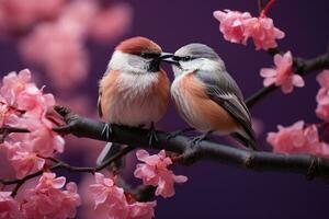 Due uccelli seduta su un' ramo con rosa fiori. generativo ai foto
