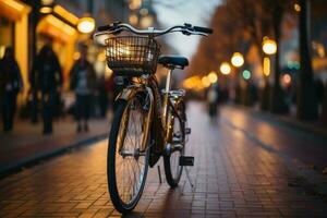 biciclette di diverso colori e forme parcheggiato. se stesso servizio ecologico si intende di trasporto per affitto. generativo ai foto