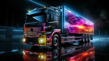 camion con futuristico olografico Schermo e neon luci. nolo spedizione internazionale industria. generativo ai foto