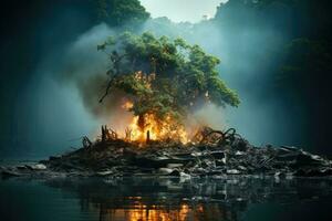 Aperto aria incenerimento di spazzatura causando ambientale inquinamento. generativo ai foto