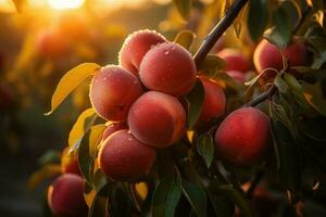 Pesche frutteto pieno di maturo frutta. generativo ai foto