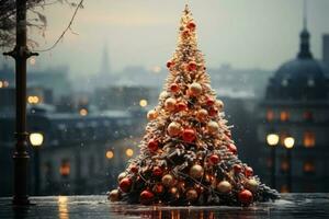 Natale albero nel il città. generativo ai foto