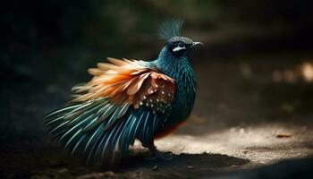 maestoso pavone con Multi colorato piume nel naturale bellezza all'aperto generato di ai foto