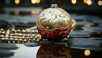 brillante oro Natale ornamento riflette raggiante Natale luci in casa generato di ai foto
