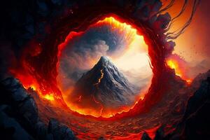 vulcano circondato di lava e lava con luminosa leggero In arrivo a partire dal il superiore. generativo ai foto