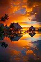 bellissimo tramonto al di sopra di tropicale isola con palma alberi e paglia capanne. generativo ai foto