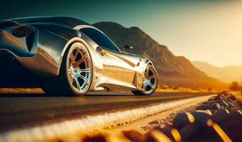 argento gli sport auto guida su strada nel il mezzo di deserto con montagne nel il sfondo. generativo ai foto