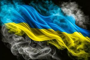 il bandiera di Ucraina con Fumo su nero sfondo. generativo ai foto