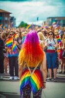 donna nel arcobaleno colorato vestito a piedi giù strada con grande gruppo di persone dietro a suo. generativo ai foto