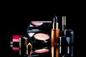 assortimento di cosmetici e rossetto su nero superficie con nero sfondo. generativo ai foto