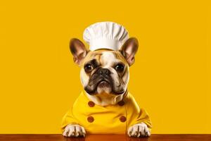 francese bulldog indossare dello chef cappello e seduta a tavolo. generativo ai foto