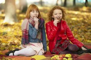 Due amiche nel il autunno parco a un' picnic. bambini nel autunno. foto