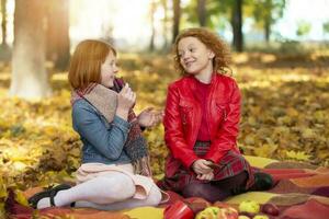 Due amiche nel il autunno parco a un' picnic. bambini nel autunno. foto