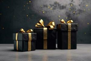 tre nero regalo scatole con d'oro arco - 3d illustrazione generativo ai foto