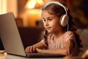 lontano formazione scolastica. adorabile poco ragazza nel cuffie utilizzando il computer portatile nel cucina, seduta a tavolo e mostrando pollice su a telecamera, femmina bambino studia in linea con computer generativo ai foto