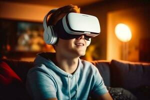 sorridente giovane asiatico uomo utilizzando virtuale la realtà cuffia mentre seduta su divano a casa generativo ai foto